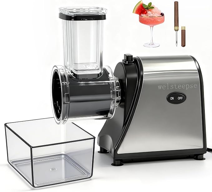 Snow Cone Machine & Shaved Ice Machine, Crushed Ice Maker in Stainless Steel Metal Design with Ice Pick & Tray – Powerful Motor, Sharp Blades, Fast Ice Shaving for Home, Parties