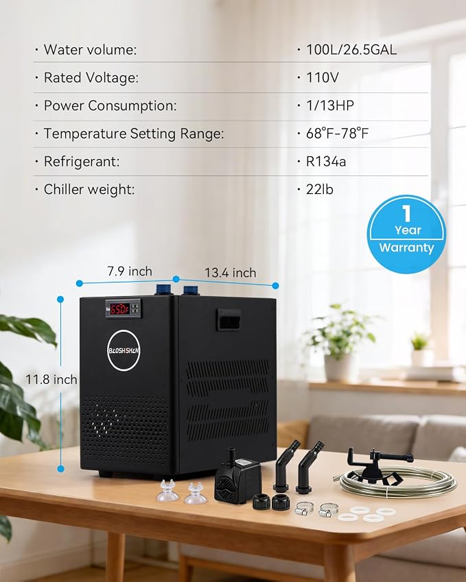 BAOSHISHAN 1/13 HP Aquarium Chiller 26 Gallon 100L Water Cooling System | Quiet Compressor Refrigeration, Precise Cooling Aquarium Water Chiller for Fish, Axolotls, Coral Reef Tanks and Hydroponics