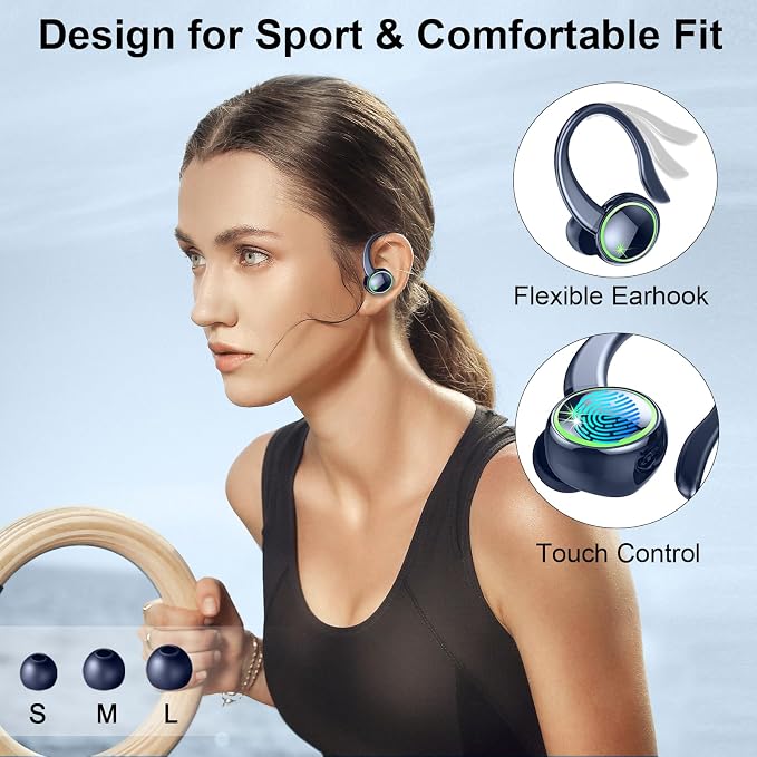 Wireless Earbuds Sports, Bluetooth 5.4 Headphones Hifi Stereo, Over-Ear Buds with 50H Playback, Earhooks Design, ENC Noise Cancelling Mic, IP7 Waterproof, Fitness Headset for Gym Running Workout