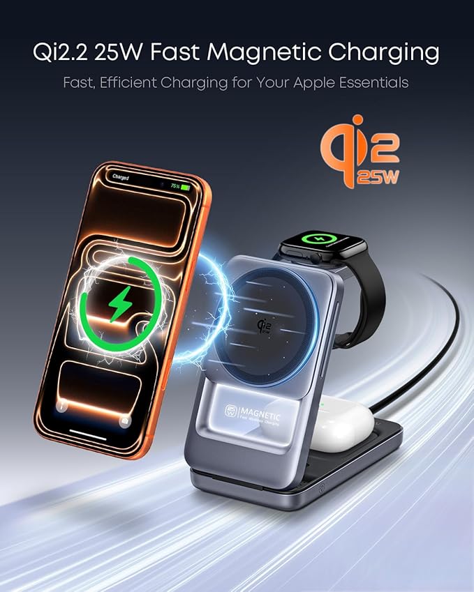 Qi2.2 25W 3-in-1 Foldable Magnetic Wireless Charger for iPhone, Night Light | Compatible with iPhone 17/16/15/14/13/12, Apple Watch & AirPods, 45W Adapter + 5A Cable, Case-Friendly up to 3 mm