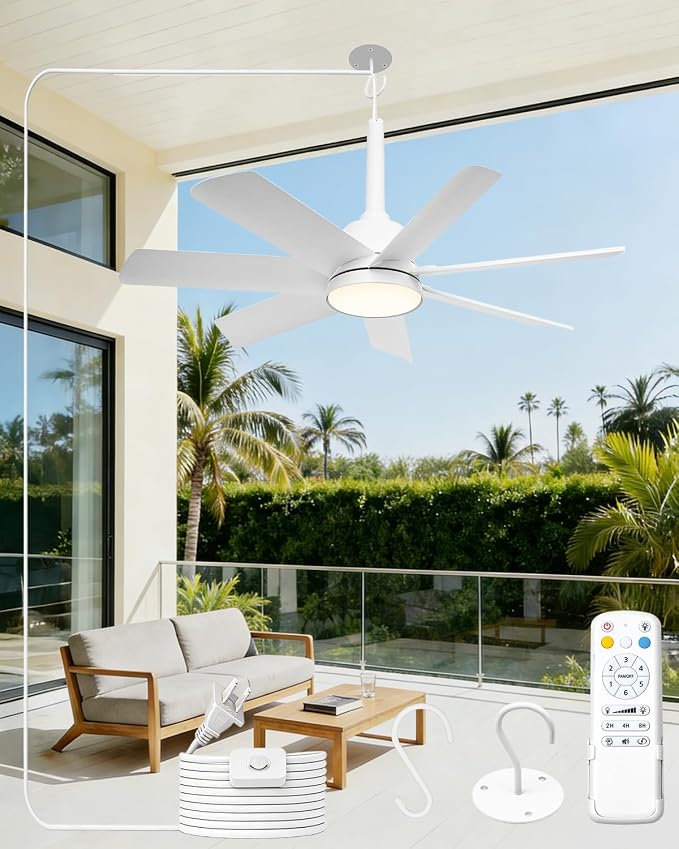 28'' Outdoor Ceiling Fans with Lights and Remote, LED Gazebo Hanging Fan with Hook, 3CCT 3000K-6500K Dimmable Gazebo Fan, 6-Speed Quiet Ceiling Fan with Timer for Patio, Porch, Pergola, Garage, White