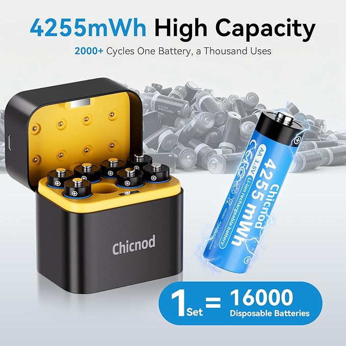 Rechargeable AA Lithium Batteries with Fast USB-C Charger, 8-Pack 4255 mWh 1.5V Constant Voltage for Blink Outdoor Camera, Xbox Controller, Flashlights – 2000+ Cycles