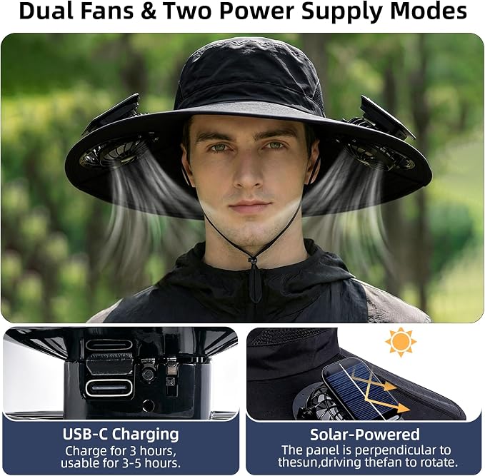 Solar Fan Hat, Wide Brim Hat with 2 Removable Fans Solar Power, Sun Bucket Fishing Hat for Men Women Outdoor Hiking Camping Gardening, UPF 50+ Sun Protection Waterproof Black