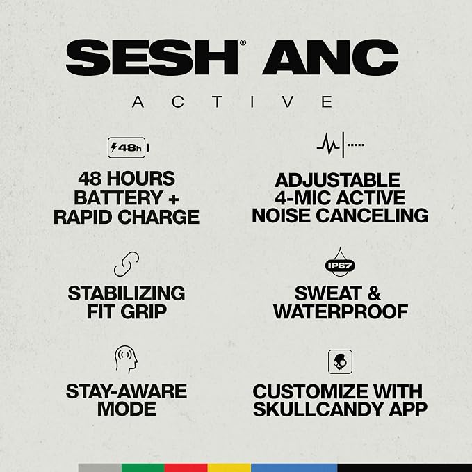 Skullcandy Sesh ANC Active Wireless Earbuds, Bluetooth Headphones, Noise Cancelling, Customizable Sound, 48 Hrs Battery, Stable Fit, Sweat and Waterproof, Microphone for iPhone Android - Black/Orange