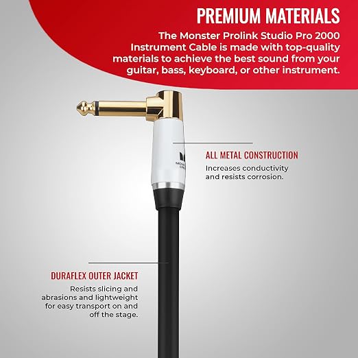 Monster Prolink Studio Pro 2000 Instrument Cable, 12 ft Right Angle to Straight Guitar Cable, 24k Gold Contacts, 95% Copper Braided Shielded Amp Cord, Duraflex Jacket for Electric Guitar & Bass