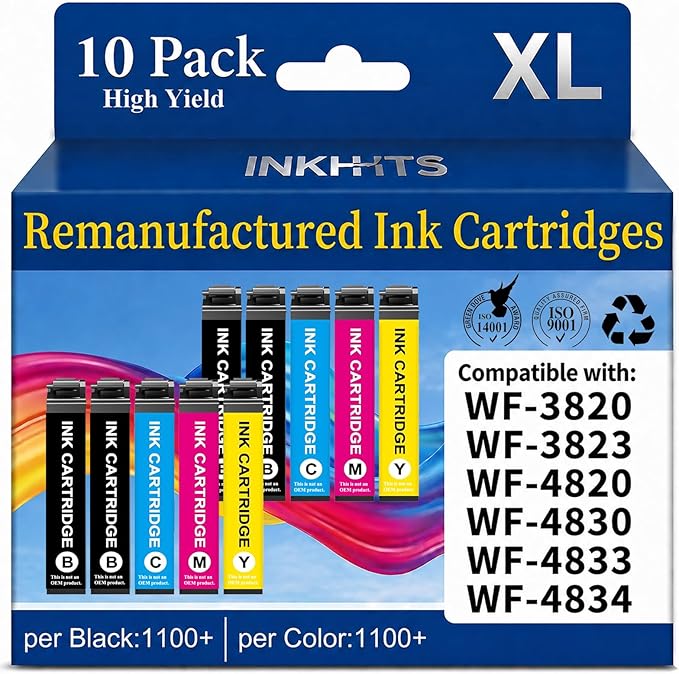 Remanufactured Ink Cartridges Replacement for Epson 822XL Ink Cartridges Combo Pack for Epson 822 XL to use with Workforce Pro WF-3820 WF-4820 WF-3823 WF-4833 WF-4830 (10 Pack, Latest Chip)