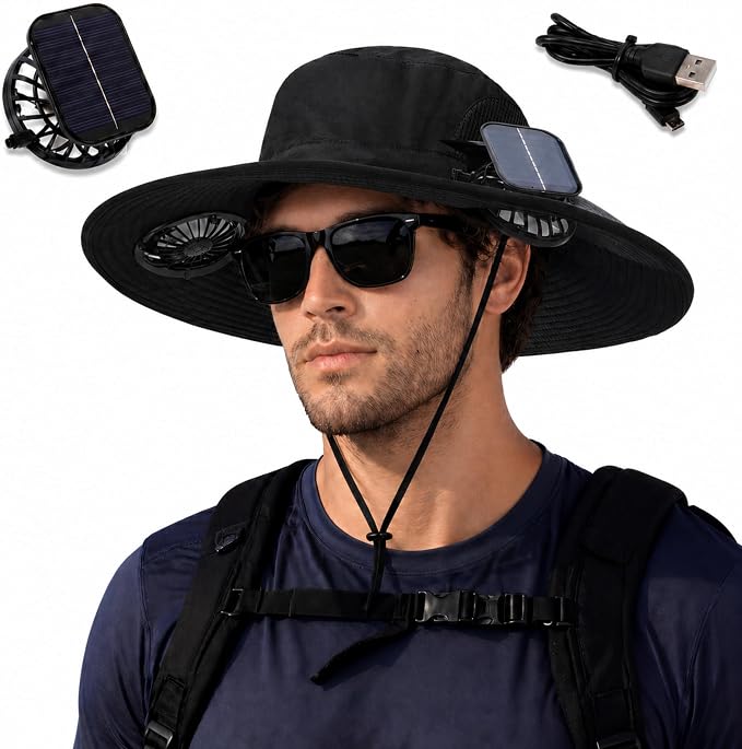 Berlune Sun Hat with 2 Solar Fan Wide Brim Fishing Bucket Hat USB & Solar for Men Women UPF 50+ Cooling for Fishing Beach