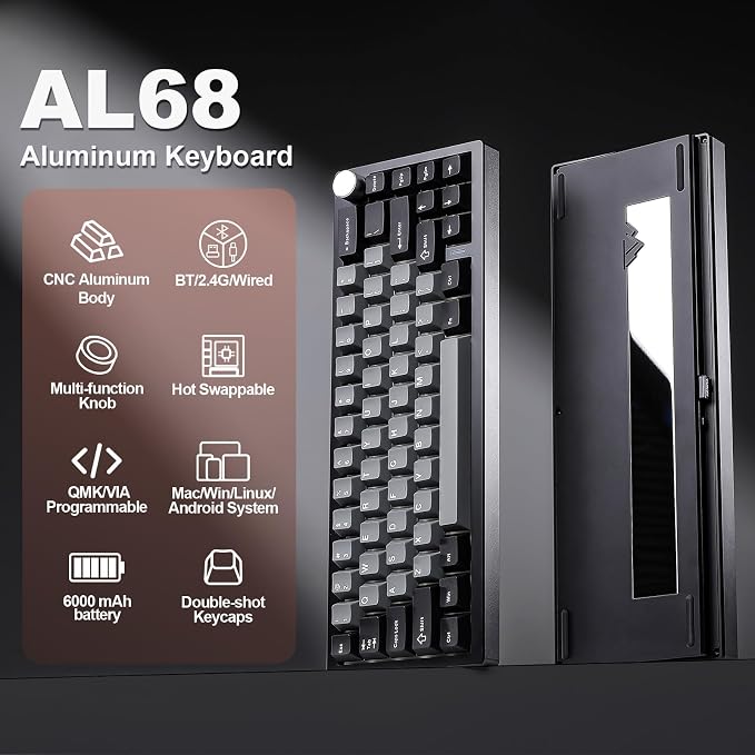 YUNZII AL68 Wireless Mechanical Keyboard,Full Aluminum CNC,60% Layout with Knob, QMK/VIA Software,Gasket Mounted,Hot Swappable,RGB Backlit,BT/2.4G/USB-C for Mac/Win(Black, Gateron Zero)