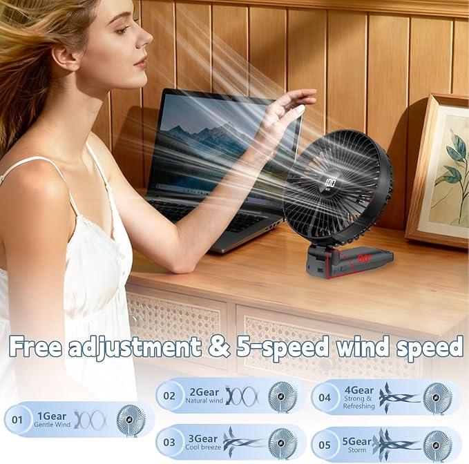 Portable Foldable Fan Handheld USB Rechargeable Fan with 6 Inch Large Blade, 5 Speeds, LED Display, 180° Foldable, Battery Powered Desk Fan for Travel Office Camping Outdoor