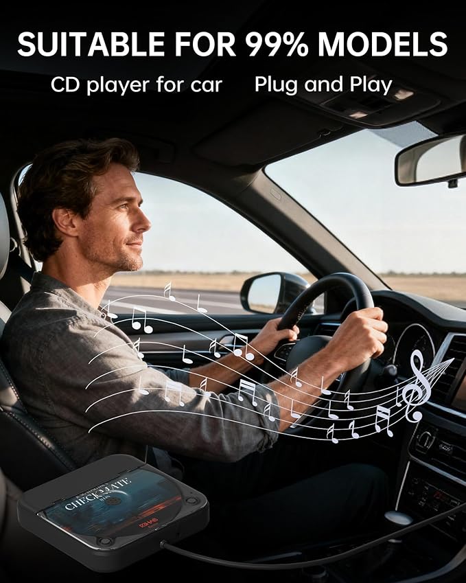 ENVYCLOUD Portable Car CD Player with USB/AUX Port,External CD Player Compatible with Car Radio Stereo, Laptop, TV, Computer,Universal for Vehicle with Adapter (Black)