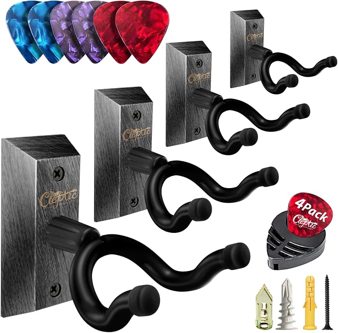 Black Guitar Wall Mount 4 Pack, Picks and Pick Holders, Black