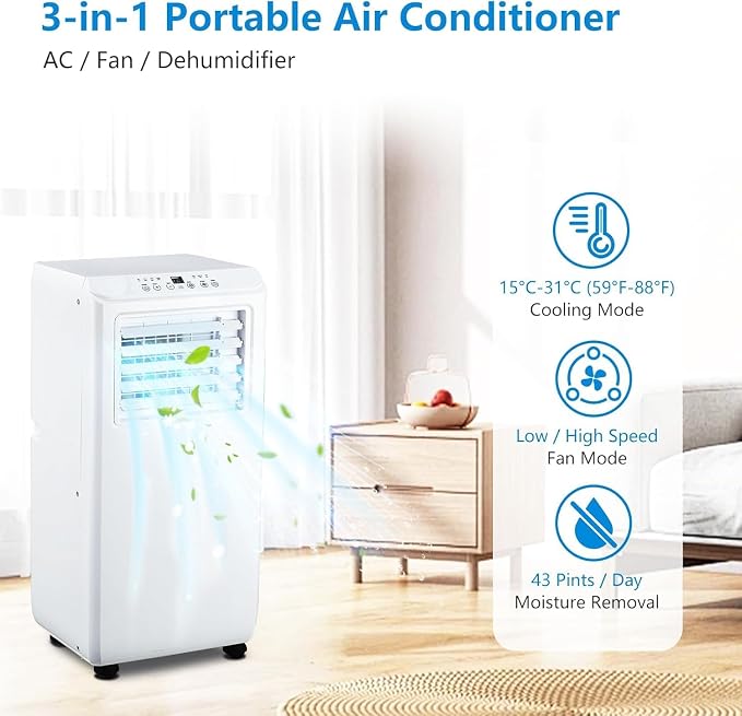 10,000 BTU Portable Air Conditioner for Rooms up to 450 Sq.Ft, 3-in-1 Cooling Unit with Dehumidifier & Fan, Includes Remote Control and Easy Installation Kit