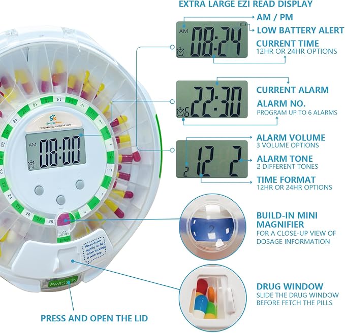Automatic Pill Dispenser with Lock for Caregivers | 28-Day Medication Organizer for Seniors | 6 Daily Alarms & Flashing Light Reminder - No App or WiFi Needed