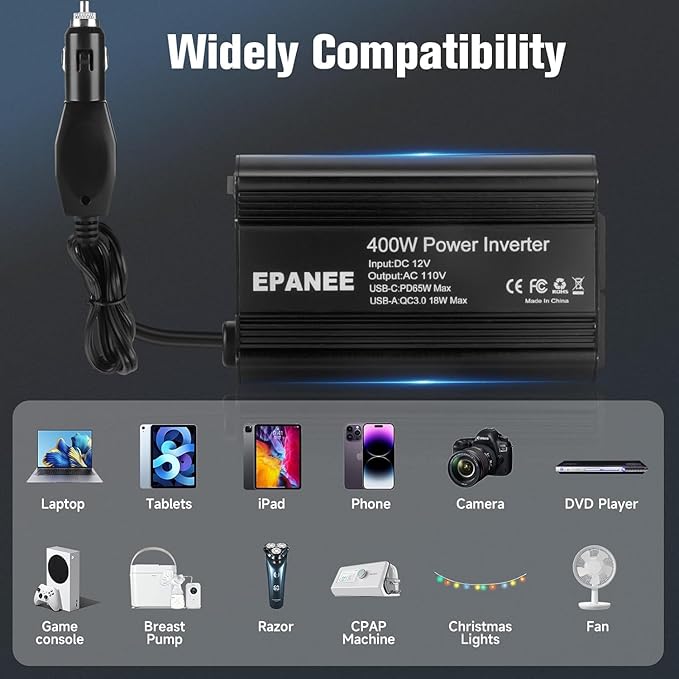 400W Power Inverter 12V DC to 110V AC, Car Charger Plug in Adapter Outlet with PD 65W USB-C&QC 18W Port, Portable Power Converters for Laptop Vehicles Camping Road Trip Essentials Adults-Black