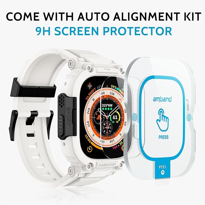 amBand Bands Case Screen Protector Compatible with Apple Watch Ultra 3/2/1 49mm, M1 Sport Series Rugged Cover Strap and 9H Tempered Glass Film, Protective Bumper for iWatch 49 mm Men White