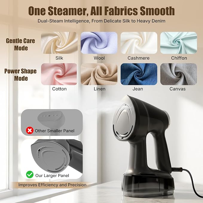 Vacuum Steamer for Clothes Handheld: 2500–3600Pa Adjustable Suction, No Leak & Stable Steam, Steaming & Ironing Portable Travel Garment Steamer, 400ml Tank, 4 Modes, 15s Heat-Up, 110-120V