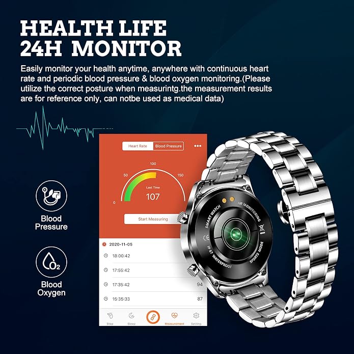 Men Smart Watch for Android iOS, Bluetooth Calls Voice Chat with Heart Rate/Sleep Monitor Fitness Tracker, 1.3" Full Touch Screen IP67 Waterproof Stainless Steel Activity Tracker for Men