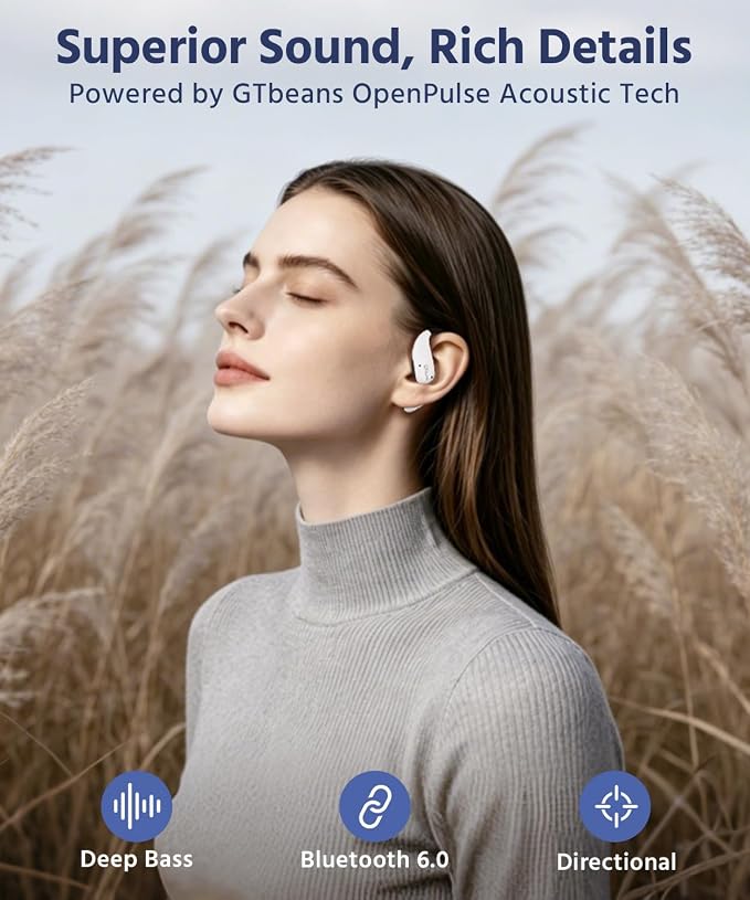 Open Ear Earbuds, Soft Earhook, 56H Playtime, Bluetooth 6.0, Bass | True wireless over ear headphones, Ergonomic fit, Powerful Sound, AI clear call mic, IP55 waterproof for work, sport, White