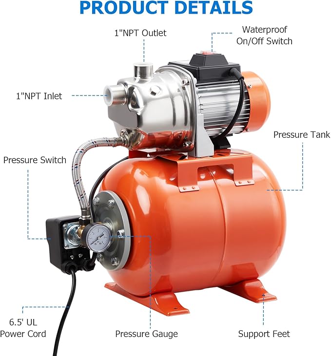 GarveeTech 1HP Shallow Well Pump With Pressure Tank, Stainless Steel Water Transfer Pump, 115V Water Pump With Automatic Pressure Switch, Electric Utility Pump for Garden, Pool, Well, Irrigation