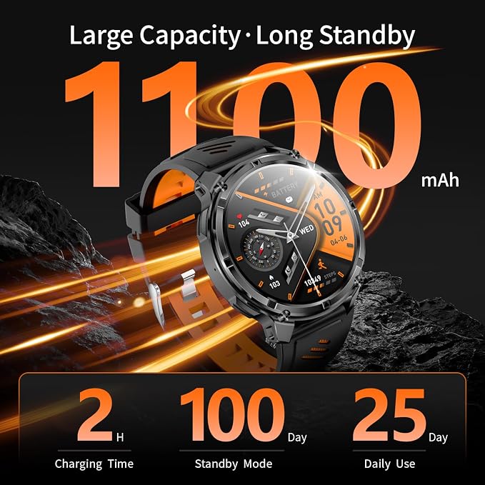 Military Smartwatch for Men with Compass & Flashlight, Rugged Smart Watch with Bluetooth Calling, Outdoor Fitness Tracker with Heart Rate Sleep Monitor, 100+ Sport Modes Waterproof for Android iPhone