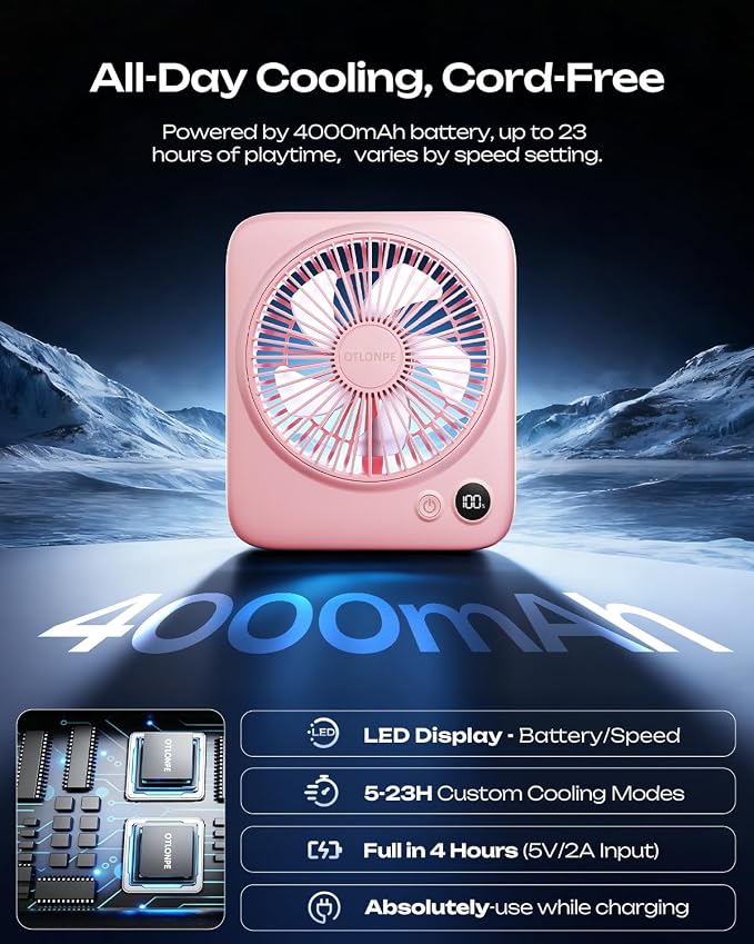 Otlonpe Portable Desk Fan 6.5 Inch, 4000mAh Rechargeable Battery Operated & USB Powered, 23Hrs Cordless Small Personal Fan 4-Speed Quiet for Office Travel Home Sleeping, Led Display, Foldable (Pink)