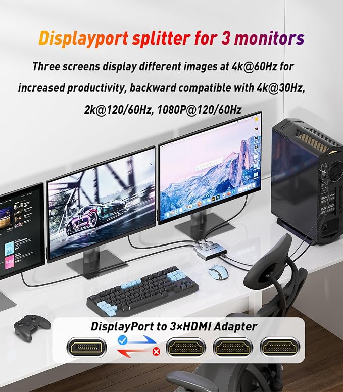 DisplayPort to HDMI Splitter for 3 Monitors Adapter |4K@60Hz| HDMI Splitter Extended Display 1 in 3 Out MST Hub for Multiple Monitor Compatible with PC,NVIDIA/AMD Graphic Card