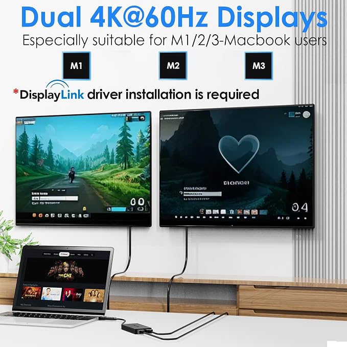 WAVLINK USB 3.0 & USB C to Dual HDMI Adapter 4K@60Hz for 2 Monitors, DisplayLink USB C HDMI Adapter for Dual Monitor, for Mac M1-M5/Neo, Windows, ChromeOS, Ubuntu