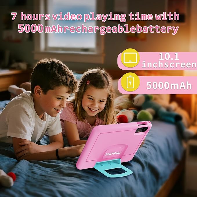 PEICHENG Tablet for Kids with EVA Protective Case, Android 15.0 Toddler Tab PC 10.1Inch RAM 20GB(4+16Expand) + ROM 128GB IPS 800 * 1280 5.0Bluetooth (Pink)