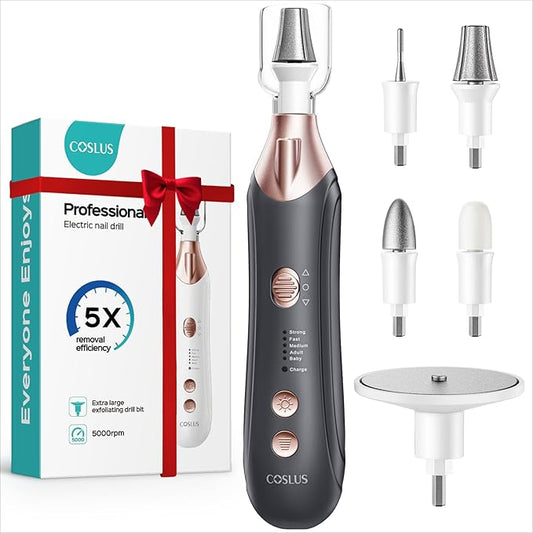 COSLUS C43 Professional Manicure Pedicure Kit, 5-in-1 Electric Nail File for Toenail Hand Feet, Basic & Thick Nails Care, Cordless, 5 Speeds, for Men Women Seniors Home Salon, Wider Grinder, Gray
