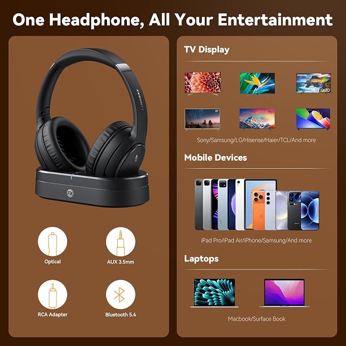 Wireless Headphones for TV, TV Headphones Wireless for Seniors with Charging Dock, 65H Playtime, No Audio Delay, HiFi Stereo Sound, Ideal Gift for Elderly & Parents