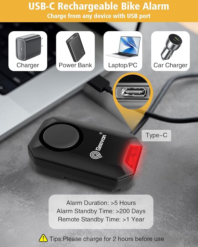 Geevon Bike Alarms for Ebikes, Wireless Bike Alarm with Remote, 135dB Anti-Theft Bicycle Motorcycle Alarm Wireless Security Sensor Alarms, IPX5 Waterproof (1)