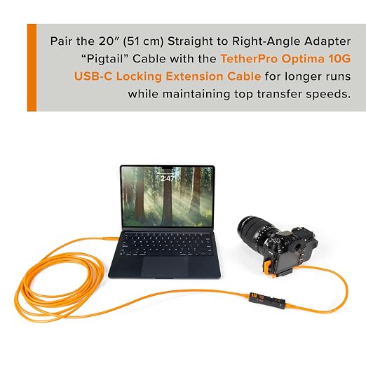 Tether Tools TetherPro Optima 10G USB-C to USB-C Data Transfer Cable, 20″ Straight to Right-Angle “Pigtail” Adapter, High Visibility Orange – Tethering Cable for Photographers & Digital Techs