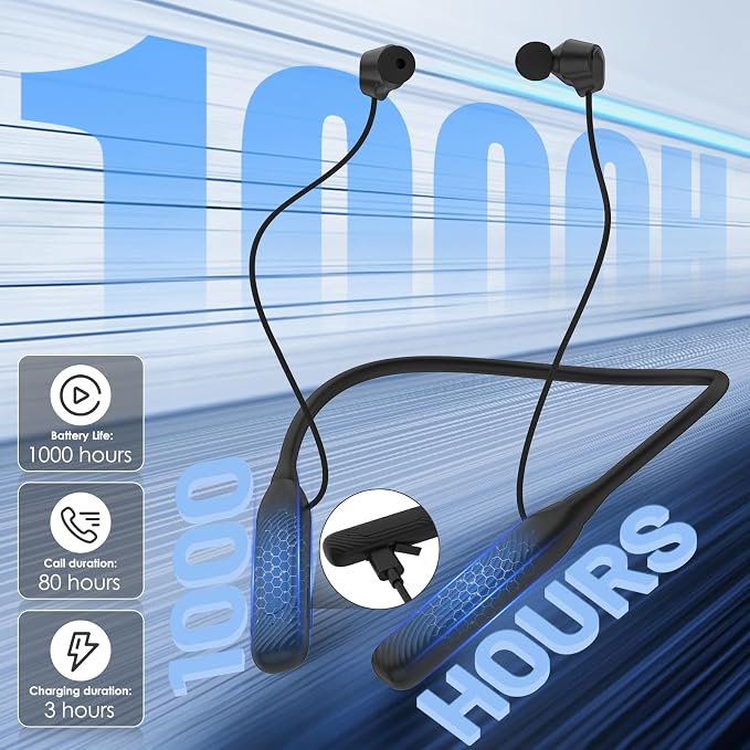 （1-Year Quality Support)Around the Neckband Bluetooth Headphones, 1000H Extra Long Battery Life with Magnetic Earphones,Wireless Earbuds with Mic,Waterproof In-Ear Headset for Sports/Gym (Black)