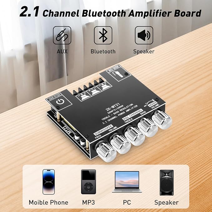 Daakro ZK-MT21 Bluetooth Amplifier Board,50W+50W+100W 2.1 Channel Subwoofer Amp Board with Treble/Bass/Sub Control,DC 9-24V, Bluetooth and AUX Inputs, DIY Wireless Speakers AMP Board, Password Free