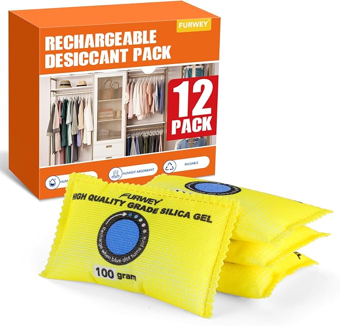 FURWEY 100g (12 Packs) Rechargeable Desiccant Packs for Storage, Color Indicating Silica Gel Desiccant Packets, Moisture absorbers for storage,Dehumidifier bag for Closets,Cars,Storage Bins