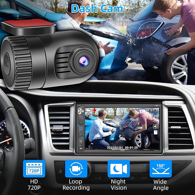 Double Din Car Stereo with Dash Cam - Voice Control Carplay, Android Auto, Steering Wheel Controls, 7" HD Touchscreen, Backup Camera, Bluetooth, Mirror Link, Subw, USB/TF/AUX, AM/FM Radio Receiver