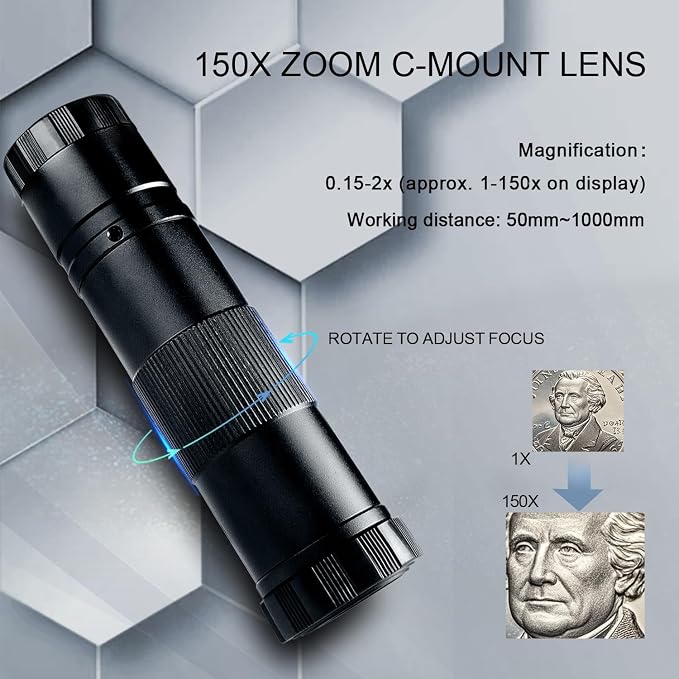 NICE-POWER Digital Microscope, 48MP 4K 1080P HDMI Type-C/USB Industrial Video Microscopes Camera, 150X Zoom C-Mount Lens, Foldable Stand, LED Ring Light, Soldering Microscope for Electronics Repair