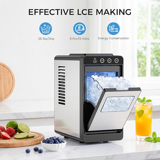 COWSAR Ice Maker Countertop, Portable Ice Machine with Self-Cleaning, 8 Cubes in 6 Mins, 26 lbs/24Hrs, Quiet Commercial Compact Ice Machine for Home, Camping, Bar, Stainless Steel Sliver