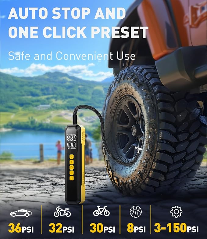 Tire Inflator Portable Air Compressor, 150PSI Air Pump for Car Tires with LED Light, Cordless Tire Pump with Digital Pressure Gauge, Tire Inflator for Car, Bike, Motorcycle, Ball (Yellow-length)