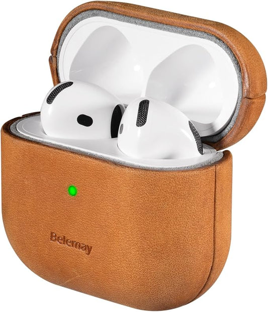 Belemay Handcrafted Crazy Horse Leather Case for AirPods 4 (2024), Vintage Aesthetic, Two-Tone Effect, Unique Patina, Compatible with MagSafe, Compatible with Airpods 4th Gen, Sunset Tan