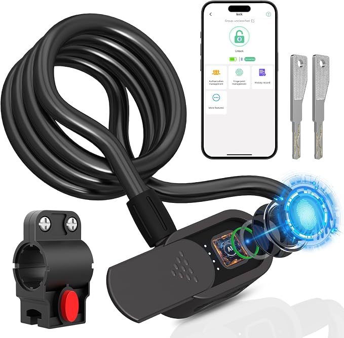 Fingerprint Bike Lock Cable, Eseesmart Keyless Bike Lock Chain Heavy Duty Anti-Theft Bicycle Lock Waterproof 1.5M Stainless Steel Cable Bike Lock with Mounting Bracket (Black, 4.92Feet Long)