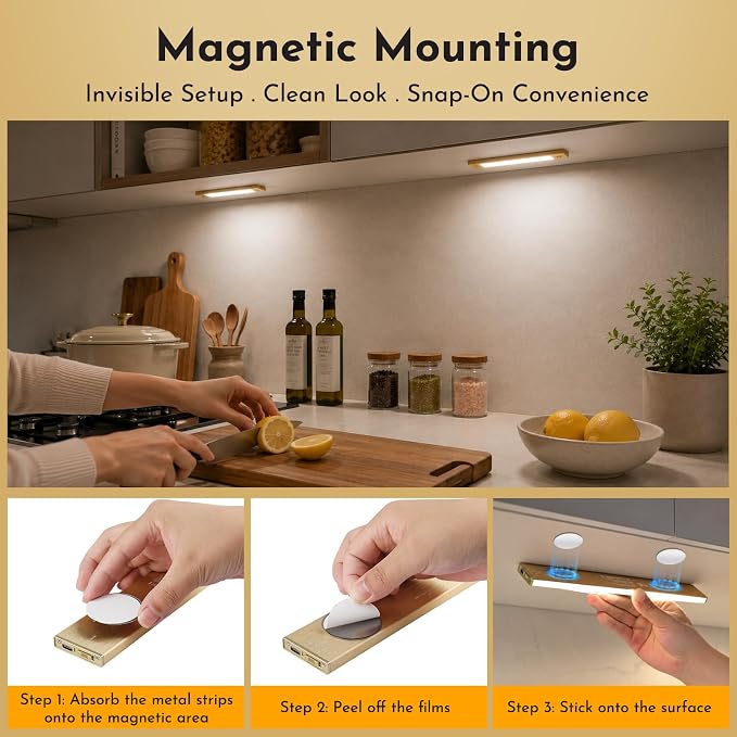 V4light Under Cabinet Light, Rechargeable Magnetic LED Bar with 1800mAh, Gold Aluminum Motion Sensor Lighting Indoor, Dimmable 3 Color Temperatures for Kitchen, Closet, Shelf & Stair (9 in)