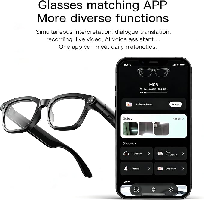 AI Smart Glasses with 13MP Camera & Real-Time Translation,4K HD Video Recording for Vlogging, Voice Assistant, Open-Ear Audio, Photochromic Lenses for Business and Travel.