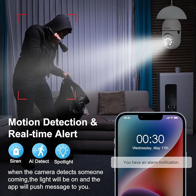 EVERSECU 4pack 1080P Wireless Light Bulb Security Camera, 2.4g & 5g WiFi, Auto Tracking, 2 Way Audio, Smart Night Vision, Support ONVIF & RTSP, Work with Alexa, SD Card & Cloud Storage, Free App