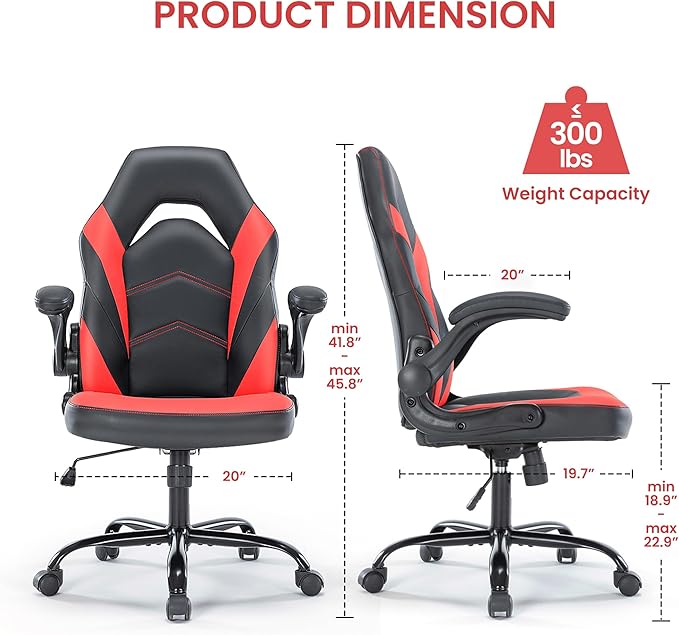 Ergonomic Gaming Desk Chair - Adjustable PU Leather Swivel Racing Chair with Flip-up Armrests for Home Office and Entertainment, Perfect for Adults, Kids, and Gamers, Black Red