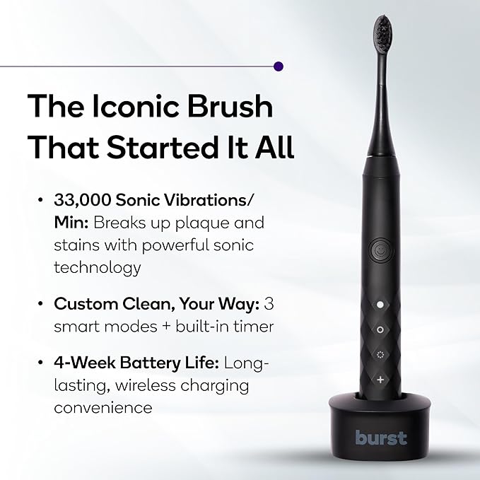 Burst Original Sonic Electric Toothbrush for Adults (Black) | Rechargeable Electric Sonic Toothbrush | Soft Bristle Deep Clean Stain & Plaque Removal | 3 Modes: Teeth Whitening, Sensitive & Massage