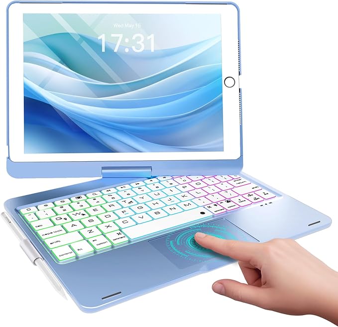 Baisla iPad 9th Generation Case with Keyboard 10.2" (2021), 360° Rotatable with Trackpad & Rainbow Backlit, iPad Keyboard case for 9th/8th/7th, iPad Air 3, iPad Pro 10.5 (Sky Blue)