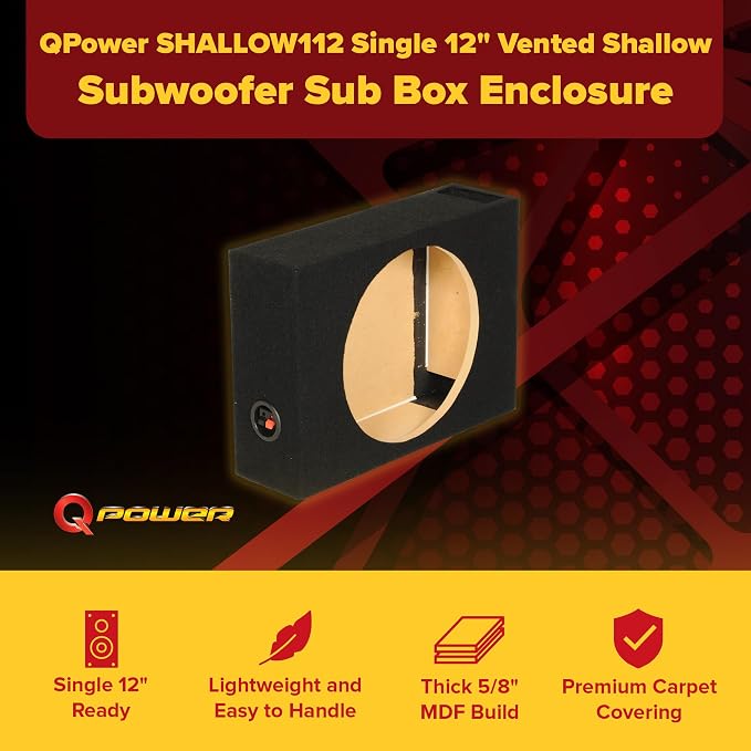 QPower Single 12-Inch Vented Shallow Subwoofer Box – Audio Box Enclosure with Black Carpet Exterior – Solid 5/8-Inch MDF Construction