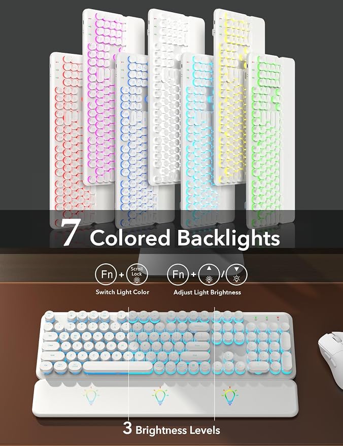Wireless Keyboard and Mouse Backlit - White Typewriter Keyboard with Magnetic Wrist Rest, Retro Round Keycaps, Light Up Letters, 2.4GHz Cordless Combo for Mac, Windows, PC, Laptop, Trueque [Upgraded]