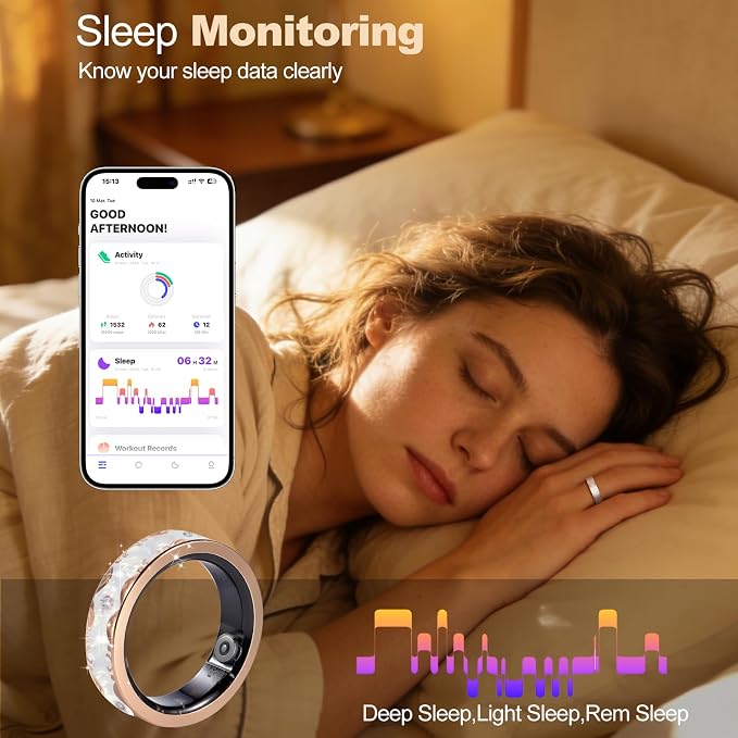V10 Smart Ring for Women Health Tracker Ring with Heart Rate, Blood Oxygen,Blood Pressure, Sleep & Stress Tracker,iOS & Android Compatible, No APP Fee,IP68 Waterproof Fitness Ring White 8#